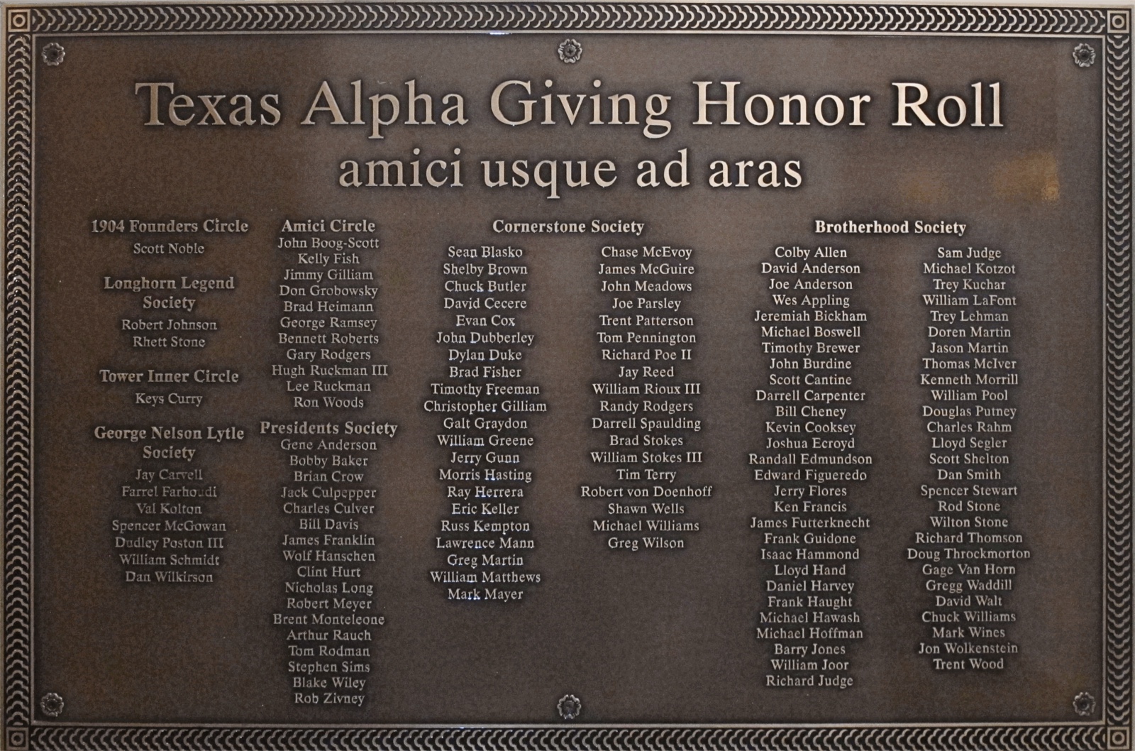 Texas Alpha Giving Honor Roll dedication plaque listing giving societies and donors